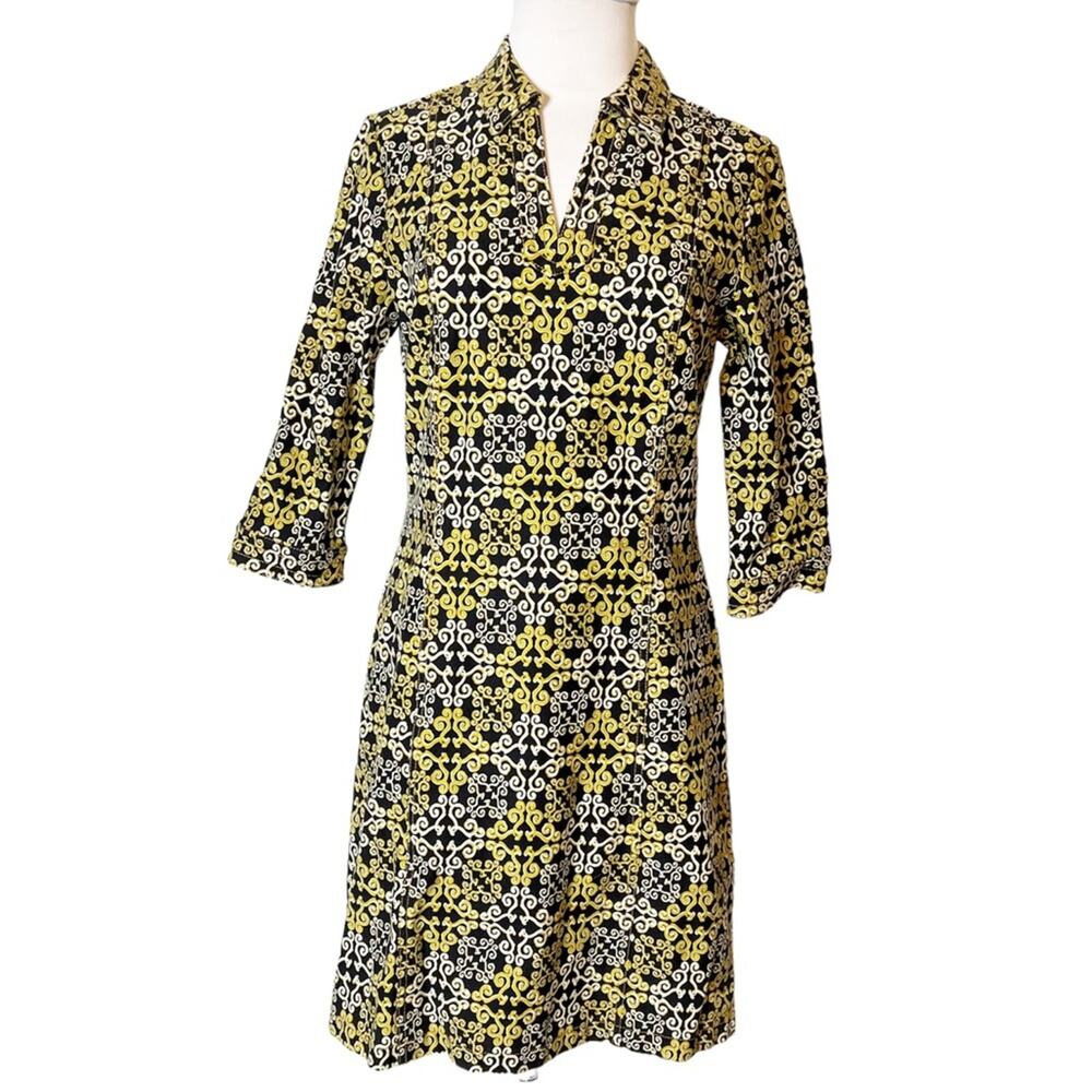 J. McLaughlin denim style printed dress gold ornate sz S